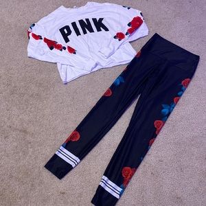 White cropped Long sleeve from PINK with matching black leggings with roses
